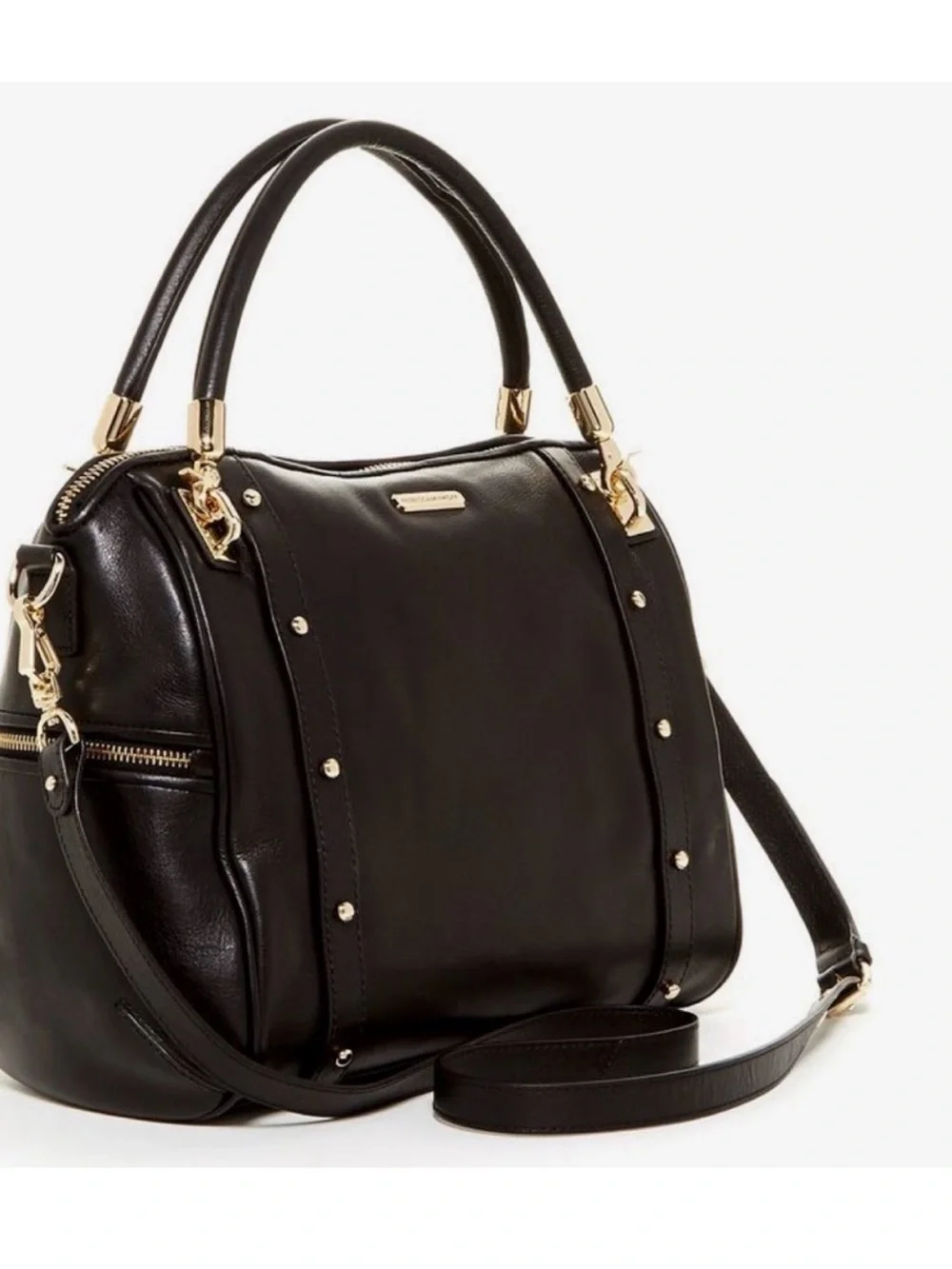 Rebecca Minkoff Cupid Satchel Black Leather Satchel Handbag with Gold Studs